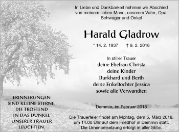 Traueranzeige von Harald Gladrow von Demminer Zeitung