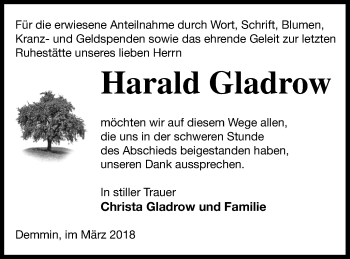 Traueranzeige von Harald Gladrow von Demminer Zeitung