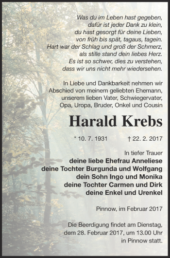 Traueranzeige von Harald Krebs von Neubrandenburger Zeitung