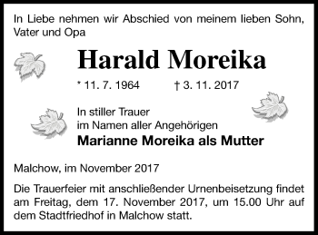 Traueranzeige von Harald Moreika von Müritz-Zeitung