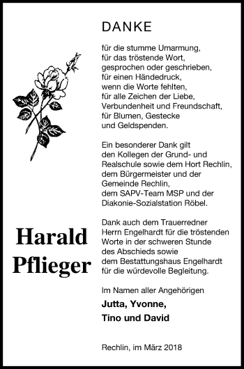 Traueranzeige von Harald Pflieger von Müritz-Zeitung