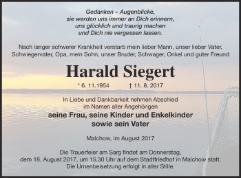 Traueranzeige von Harald Siegert von Müritz-Zeitung