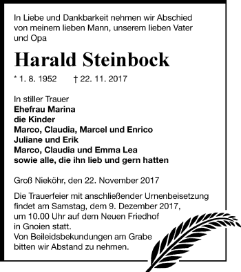 Traueranzeige von Harald Steinbock von Mecklenburger Schweiz