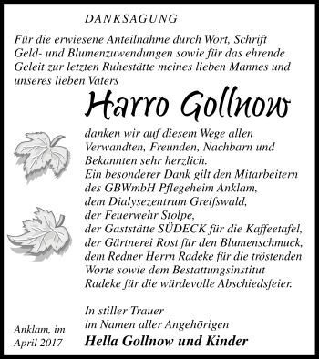 Traueranzeige von Harro Gollnow von Vorpommern Kurier