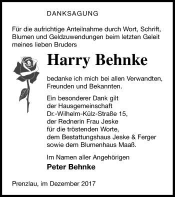 Traueranzeige von Harry Behnke von Prenzlauer Zeitung