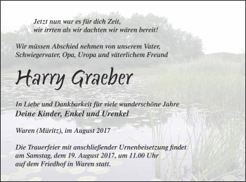 Traueranzeige von Harry Graeber von Müritz-Zeitung