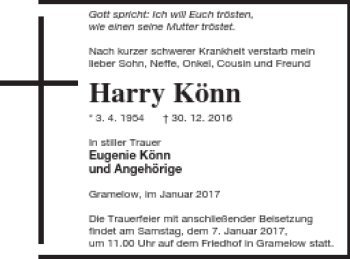 Traueranzeige von Harry Könn von Neubrandenburger Zeitung