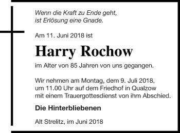 Traueranzeige von Harry Rochow von Strelitzer Zeitung