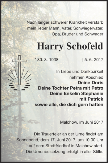 Traueranzeige von Harry Schofeld von Müritz-Zeitung