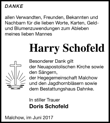Traueranzeige von Harry Schofeld von Müritz-Zeitung