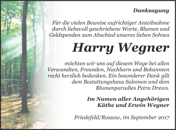 Traueranzeige von Harry Wegner von Pasewalker Zeitung