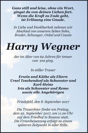 Traueranzeige von Harry Wegner von Pasewalker Zeitung