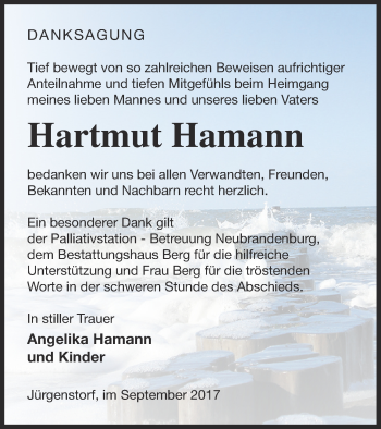 Traueranzeige von Hartmut Hamann von Mecklenburger Schweiz