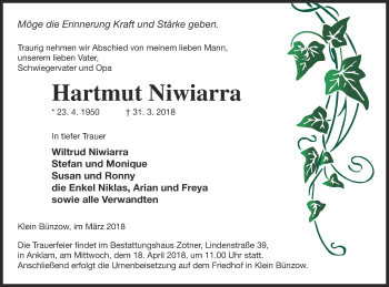 Traueranzeige von Hartmut Niwiarra von Vorpommern Kurier