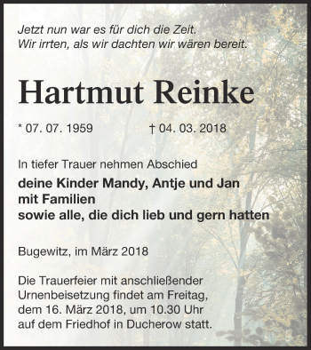 Traueranzeige von Hartmut Reinke von Vorpommern Kurier