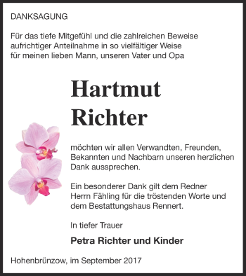 Traueranzeige von Hartmut Richter von Demminer Zeitung