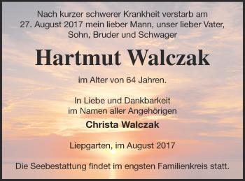 Traueranzeige von Hartmut Walczak von Haff-Zeitung