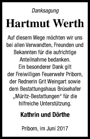 Traueranzeige von Hartmut Werth von Müritz-Zeitung