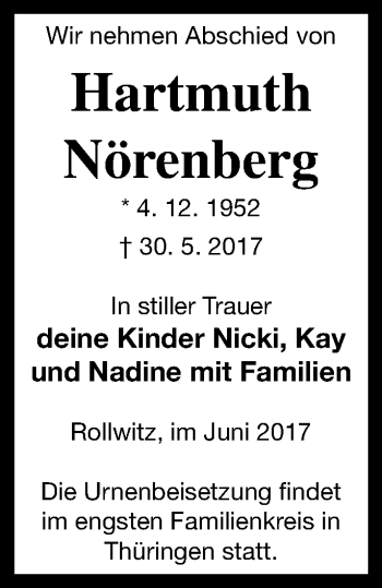 Traueranzeige von Hartmuth Nörenberg von Pasewalker Zeitung