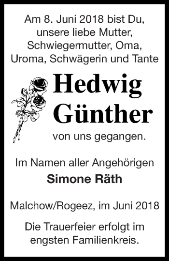 Traueranzeige von Hedwig Günther von Müritz-Zeitung