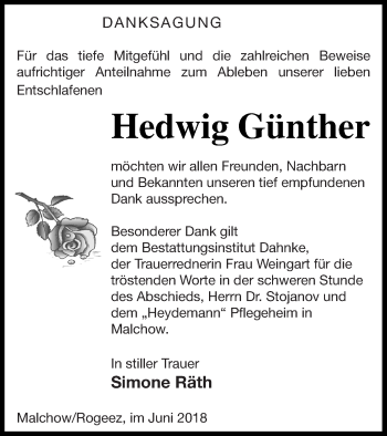 Traueranzeige von Hedwig Günther von Müritz-Zeitung