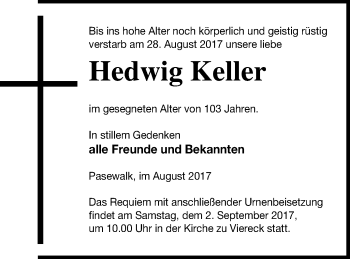 Traueranzeige von Hedwig Keller von Pasewalker Zeitung