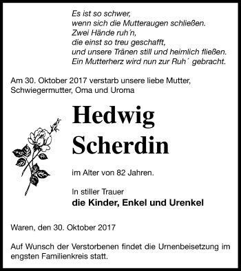 Traueranzeige von Hedwig Scherdin von Müritz-Zeitung