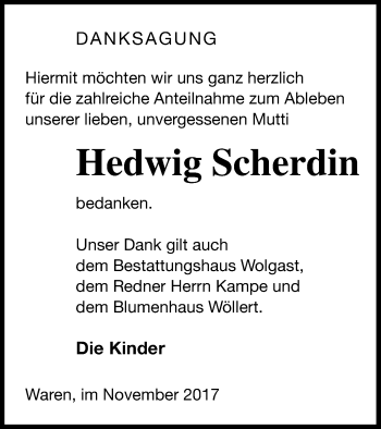 Traueranzeige von Hedwig Scherdin von Müritz-Zeitung
