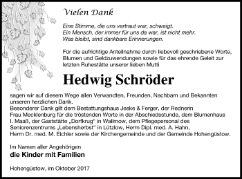 Traueranzeige von Hedwig Schröder von Prenzlauer Zeitung