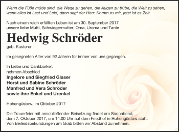 Traueranzeige von Hedwig Schröder von Prenzlauer Zeitung