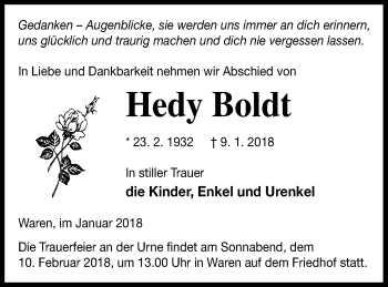 Traueranzeige von Hedy Boldt von Müritz-Zeitung
