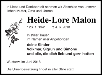 Traueranzeige von Heide-Lore Malon von Strelitzer Zeitung