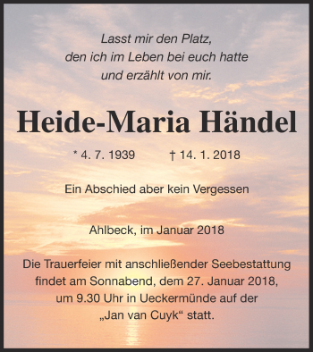 Traueranzeige von Heide-Maria Händel von Haff-Zeitung