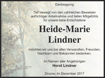 Traueranzeige von Heide-Marie Lindner von Vorpommern Kurier