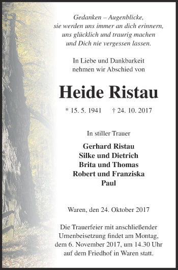 Traueranzeige von Heide Ristau von Müritz-Zeitung