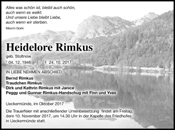 Traueranzeige von Heidelore Rimkus von Haff-Zeitung