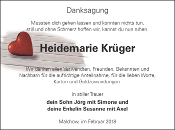 Traueranzeige von Heidemarie Krüger von Müritz-Zeitung