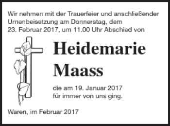 Traueranzeige von Heidemarie Maass von Müritz-Zeitung