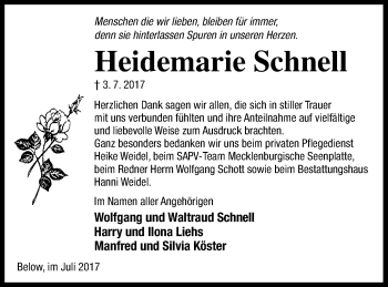 Traueranzeige von Heidemarie Schnell von Müritz-Zeitung