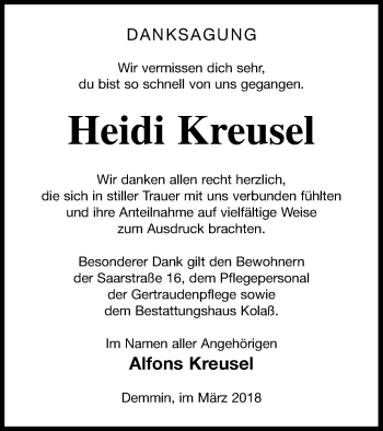Traueranzeige von Heidi Kreusel von Demminer Zeitung