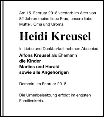Traueranzeige von Heidi Kreusel von Demminer Zeitung