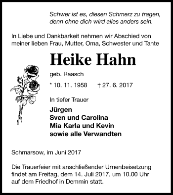 Traueranzeige von Heike Hahn von Demminer Zeitung