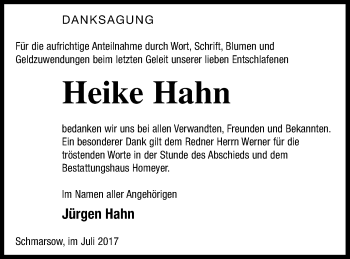 Traueranzeige von Heike Hahn von Demminer Zeitung