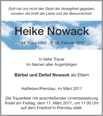 Traueranzeige von Heike Nowack von Prenzlauer Zeitung