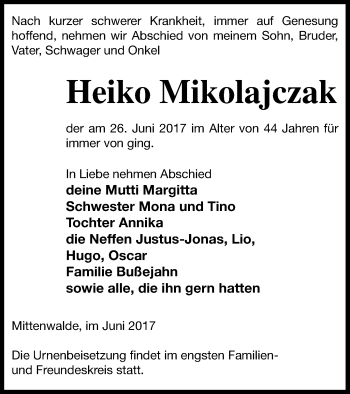 Traueranzeige von Heiko Mikolajczak von Templiner Zeitung