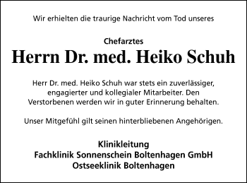 Traueranzeige von Heiko Schuh von Mecklenburger Schweiz