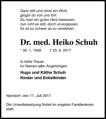 Traueranzeige von Heiko Schuh von Mecklenburger Schweiz