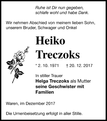 Traueranzeige von Heiko Treczoks von Müritz-Zeitung