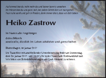 Traueranzeige von Heiko Zastrow von Pasewalker Zeitung