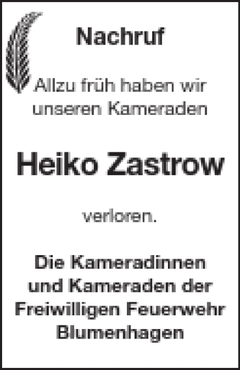 Traueranzeige von Heiko Zastrow von Pasewalker Zeitung